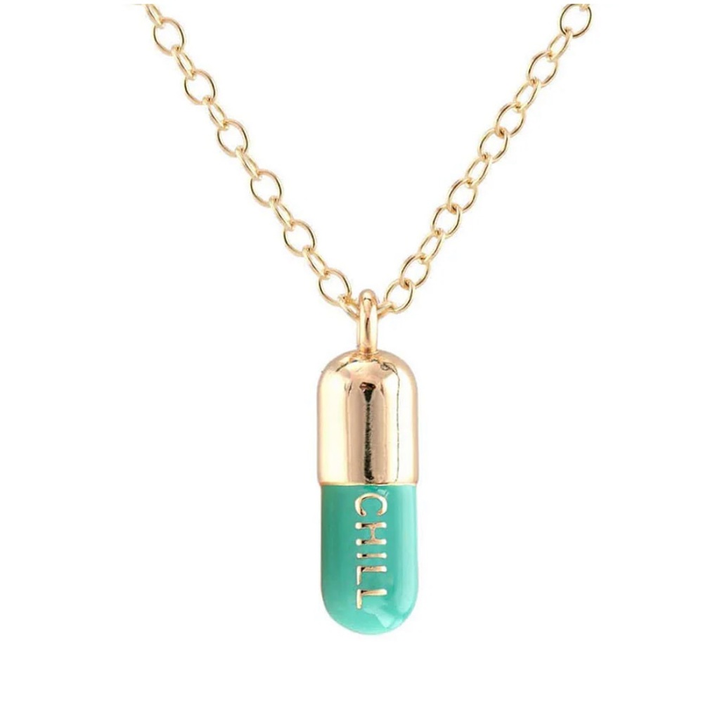 Chill Pill Enamel Necklace in Turquoise/Gold